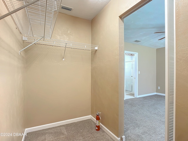 washroom featuring ceiling fan and carpet floors