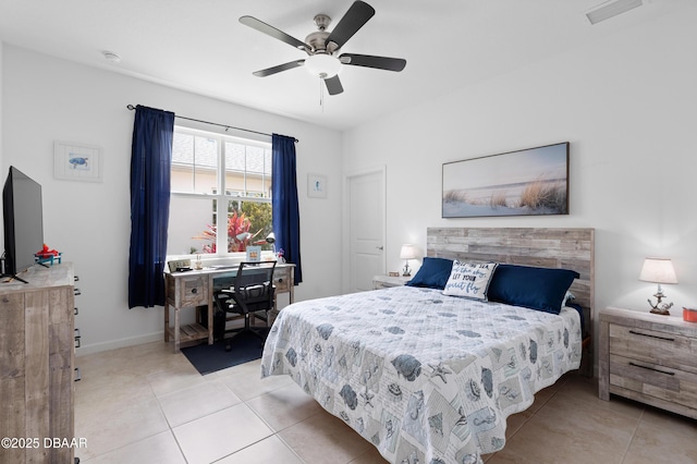 bedroom with light tile patterned flooring, visible vents, baseboards, and a ceiling fan