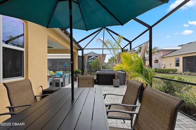 deck featuring a lanai, an outdoor living space, outdoor dining area, and a patio