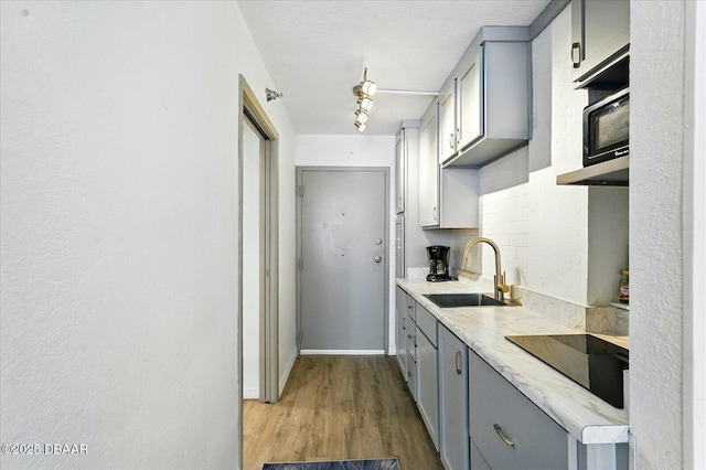kitchen featuring gray cabinets, a sink, black electric cooktop, light countertops, and wood finished floors