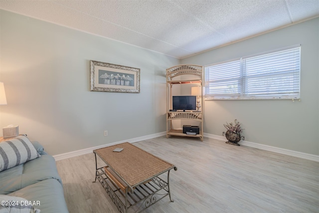 living room with wood-type flooring and a textured ceiling