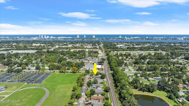 aerial view featuring a water view