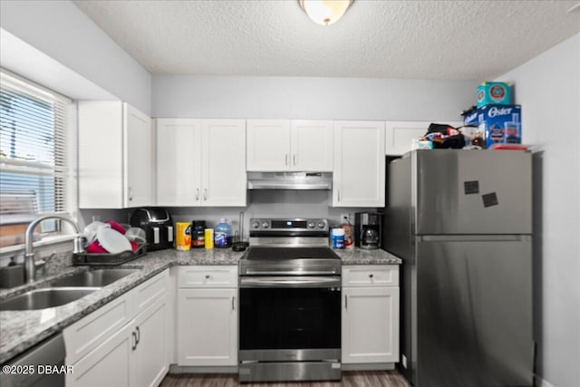 kitchen with stainless steel appliances, a sink, white cabinetry, and under cabinet range hood