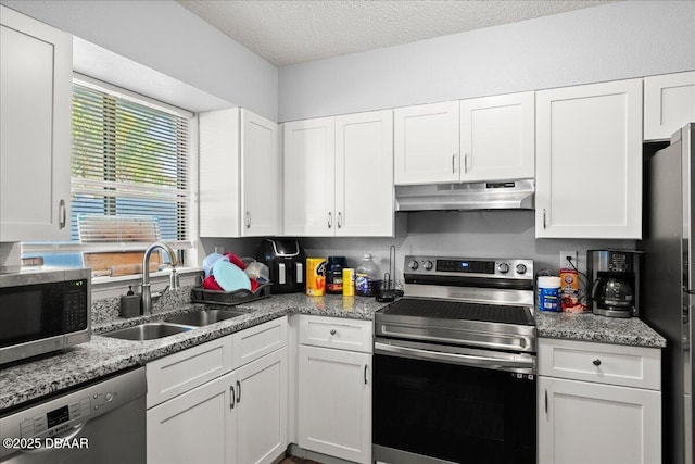 kitchen featuring stainless steel appliances, white cabinets, a sink, and under cabinet range hood