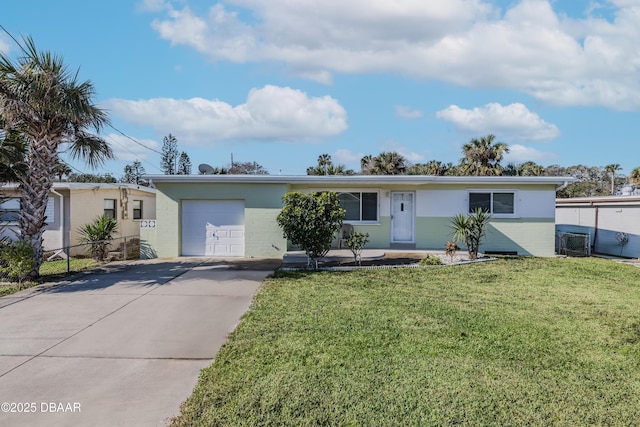 ranch-style home featuring a front lawn, brick siding, driveway, and an attached garage