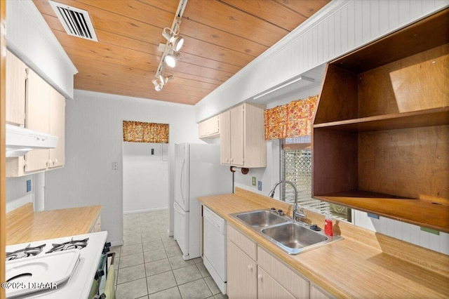 kitchen with light tile patterned flooring, sink, track lighting, wooden ceiling, and white appliances