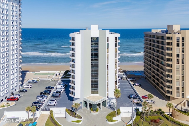 view of building exterior with a water view