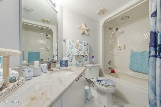 full bath featuring vanity, shower / tub combo, toilet, and visible vents