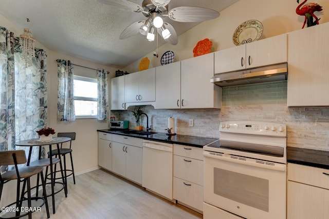 118 Lagoon Ct, New Smyrna Beach, FL 32169 - kitchen with light wood finished floors, a sink, ceiling fan, white appliances, and under cabinet range hood