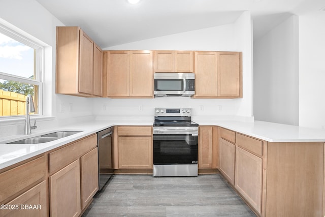 kitchen featuring light brown cabinets, sink, lofted ceiling, and appliances with stainless steel finishes