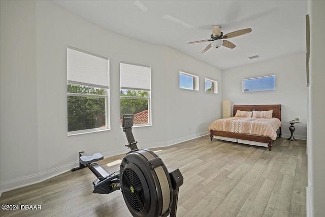 bedroom featuring ceiling fan and light wood-type flooring