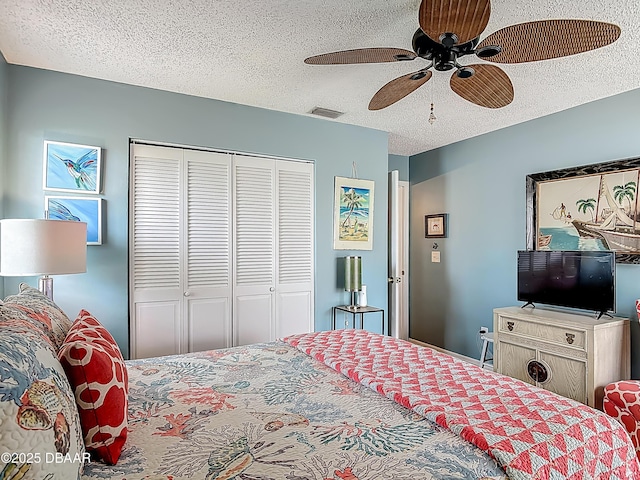 31 Sea Harbor Dr E Unit E, Ormond Beach, FL 32176 - bedroom with a closet, a textured ceiling, and ceiling fan