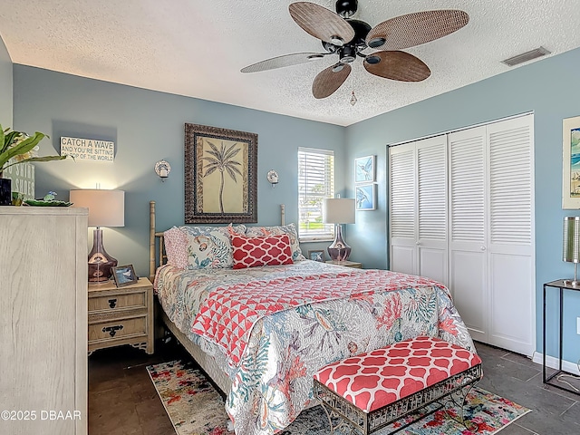 31 Sea Harbor Dr E Unit E, Ormond Beach, FL 32176 - bedroom with a textured ceiling, a closet, and a ceiling fan