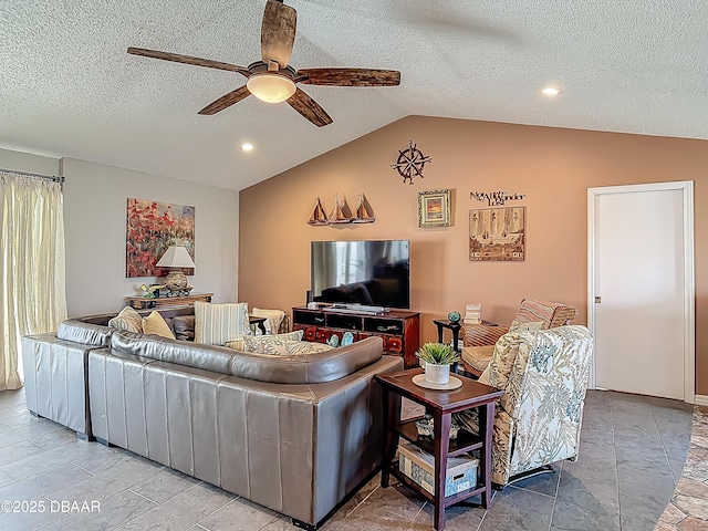 31 Sea Harbor Dr E Unit E, Ormond Beach, FL 32176 - living room with lofted ceiling, a ceiling fan, a textured ceiling, and recessed lighting