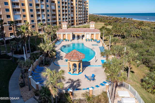 drone / aerial view with a water view