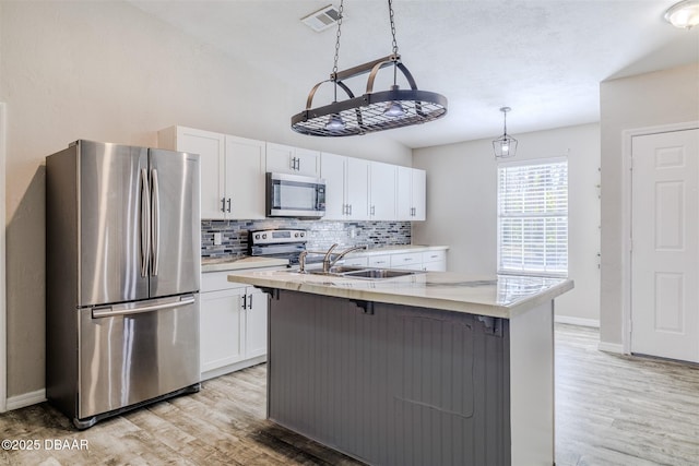 kitchen with white cabinetry, appliances with stainless steel finishes, sink, and an island with sink