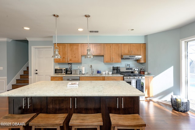 kitchen featuring pendant lighting, sink, appliances with stainless steel finishes, dark hardwood / wood-style floors, and a kitchen island