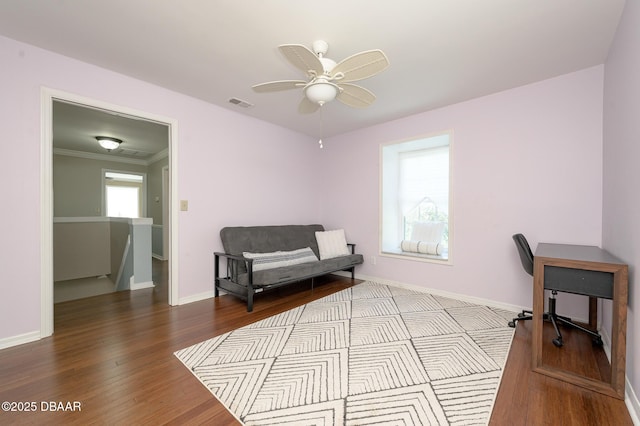 home office featuring ceiling fan and light wood-type flooring