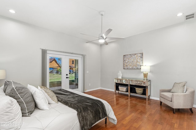 bedroom featuring access to exterior, hardwood / wood-style floors, french doors, and ceiling fan