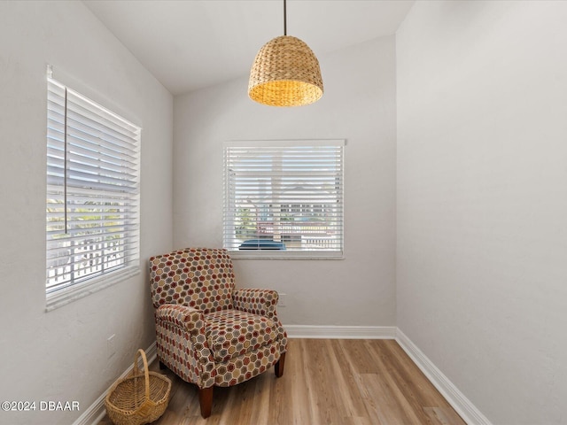 living area featuring vaulted ceiling and hardwood / wood-style flooring