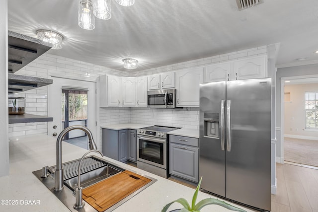 kitchen with white cabinets, stainless steel appliances, tasteful backsplash, sink, and gray cabinets