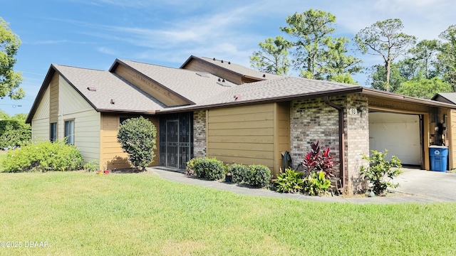 93 Hay Bale Trl, Ormond Beach, FL 32174 - view of front facade featuring roof with shingles, an attached garage, brick siding, a front yard, and driveway