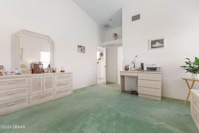 74 Kingsley Ln, Ormond Beach, FL 32174 - bedroom featuring high vaulted ceiling, light colored carpet, and an office area