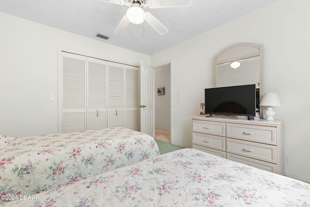 bedroom with ceiling fan and a closet