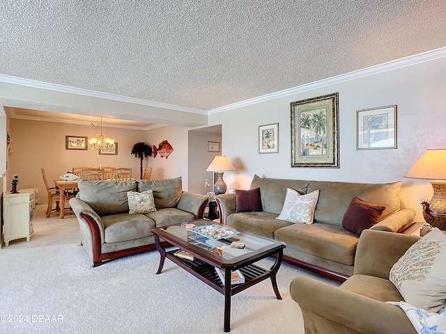 carpeted living room with a textured ceiling and crown molding