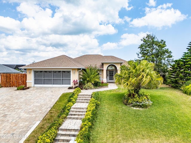 view of front of home with a garage and a front lawn