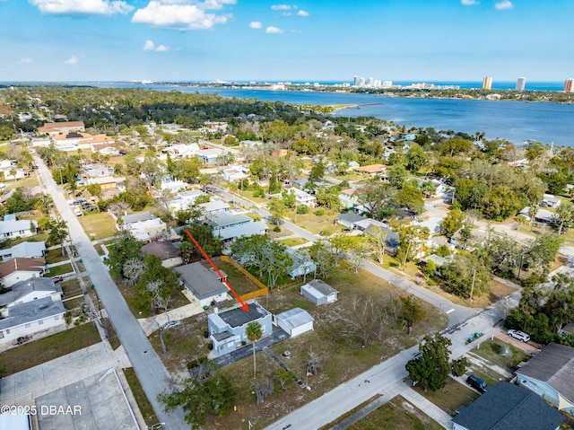 drone / aerial view featuring a water view