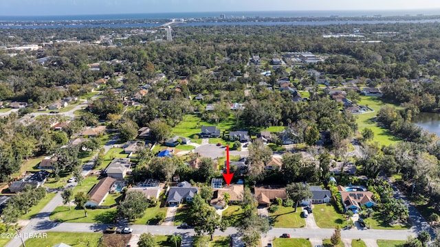 aerial view featuring a water view