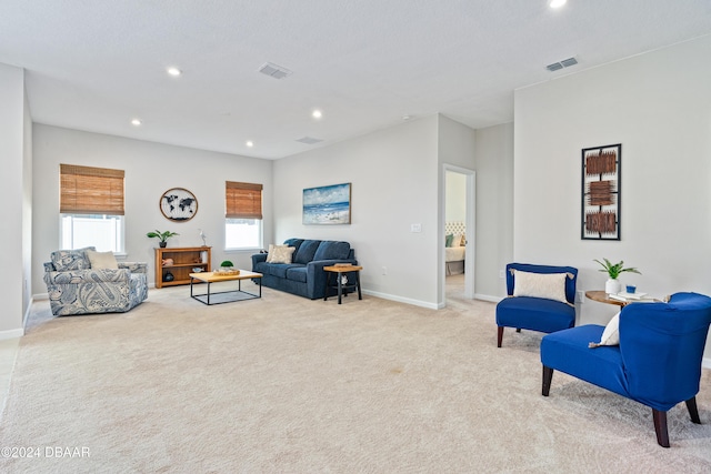 living room featuring light carpet