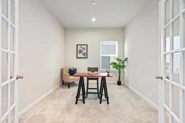 carpeted office space featuring french doors and plenty of natural light