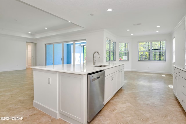 kitchen with white cabinets, crown molding, sink, dishwasher, and an island with sink