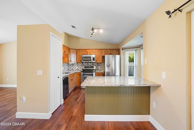 kitchen with light stone countertops, dark wood-type flooring, stainless steel appliances, kitchen peninsula, and lofted ceiling