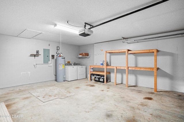 garage featuring washing machine and dryer, a garage door opener, electric panel, and water heater