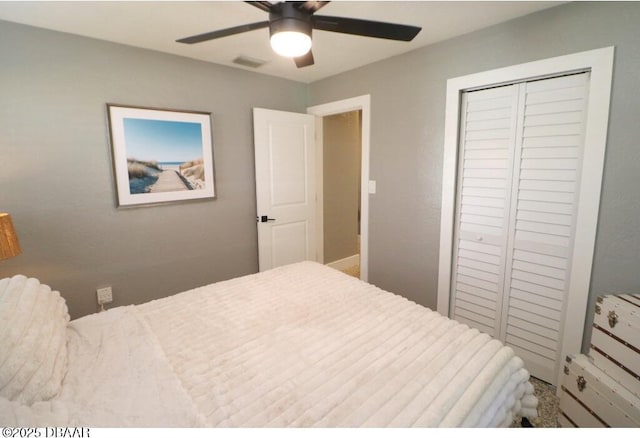 bedroom with ceiling fan and a closet