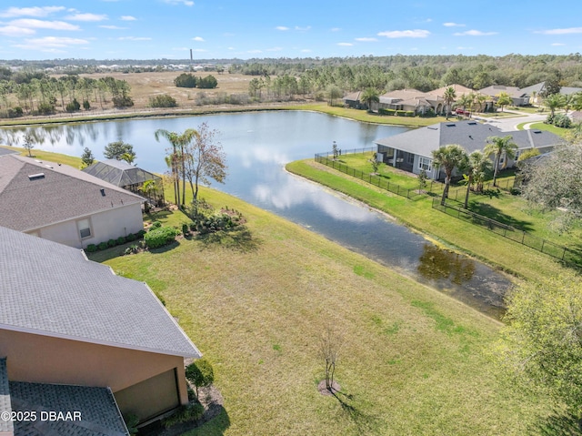 drone / aerial view featuring a water view