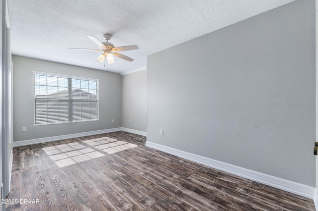 unfurnished room featuring a textured ceiling, ceiling fan, and dark hardwood / wood-style flooring