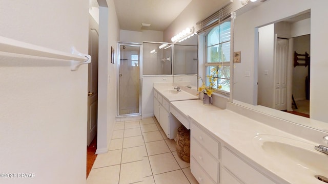 full bathroom with tile patterned flooring, a shower stall, and vanity