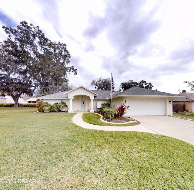 ranch-style home featuring a garage, a front lawn, stucco siding, and concrete driveway