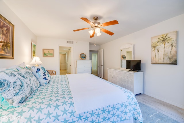 bedroom featuring ceiling fan and light wood-type flooring