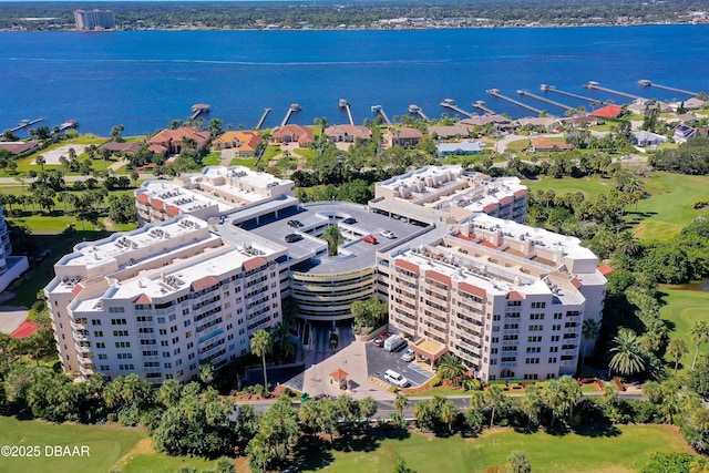 aerial view featuring a water view