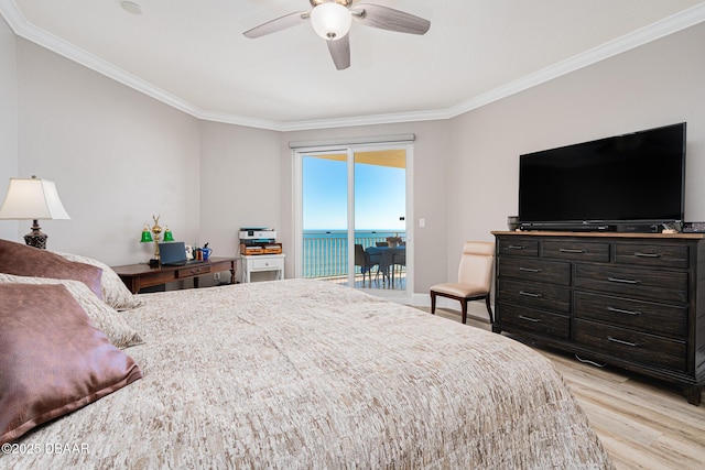 bedroom with access to exterior, crown molding, ceiling fan, and light wood-type flooring