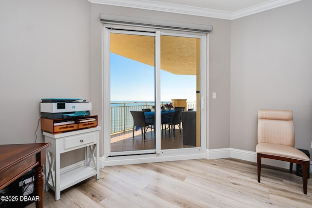 interior space featuring crown molding, light hardwood / wood-style flooring, and a water view