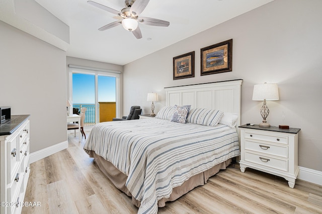 bedroom with ceiling fan, access to outside, and light wood-type flooring