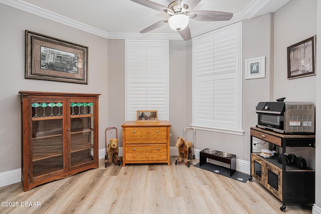 miscellaneous room with ornamental molding, light hardwood / wood-style floors, and ceiling fan