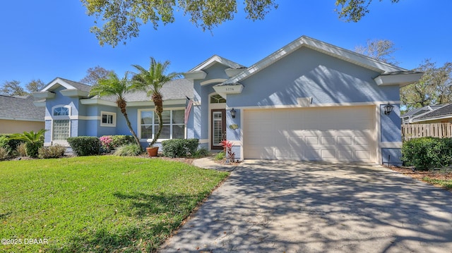 ranch-style house with a garage, a front yard, driveway, and stucco siding