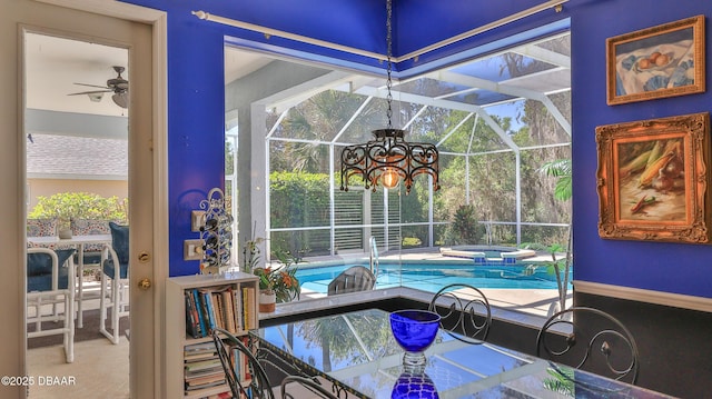 view of swimming pool featuring a pool with connected hot tub and ceiling fan